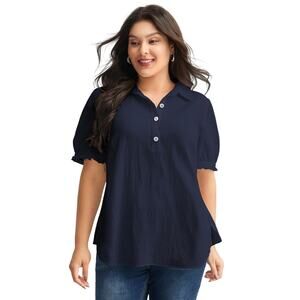 Bloomchic Pure Cotton Ruffled Puffy Sleeve Blouse, Indigo, Plus Size 22/24, NWT